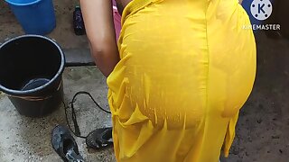 Indian House Wife Bathing Outside