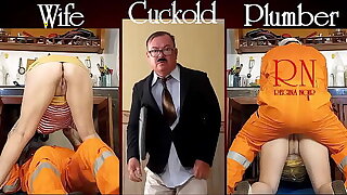 Cheating housewife, plumber and cuckold husband at the kitchen. Scene 2